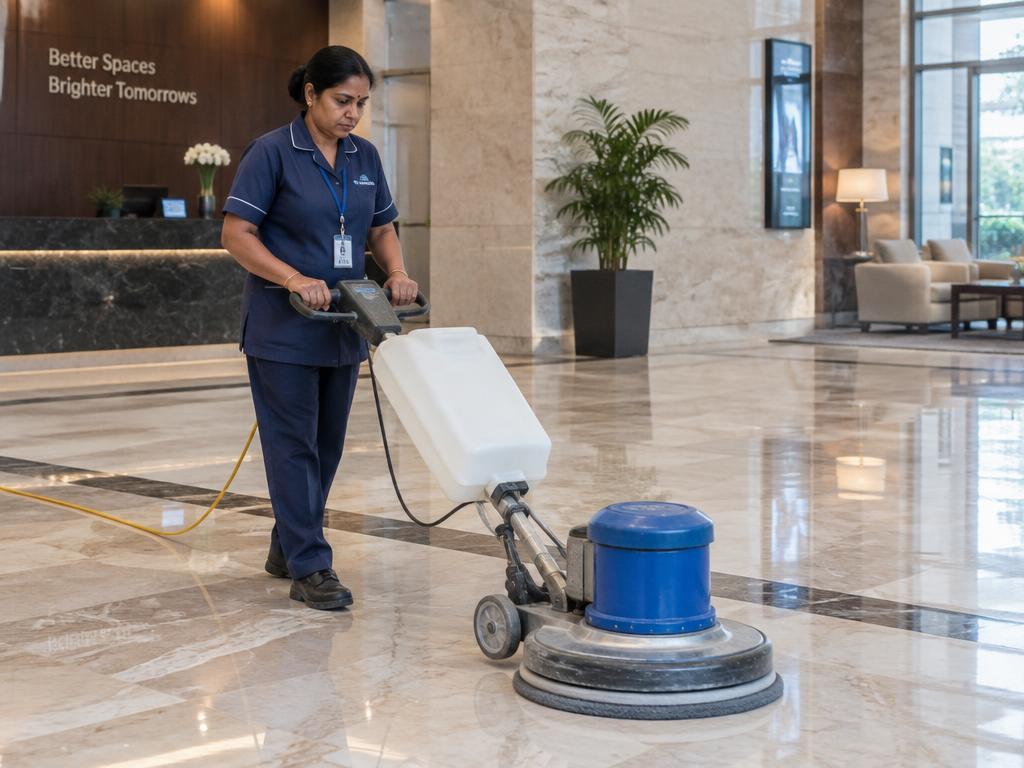 Floor cleaning and maintenance in commercial building lobby