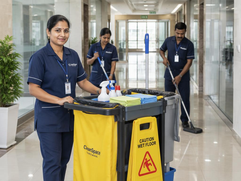 Housekeeping company team in Poonamallee with cleaning trolley